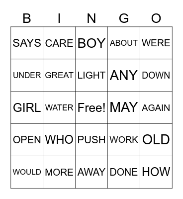 SIGHT WORDS Bingo Card