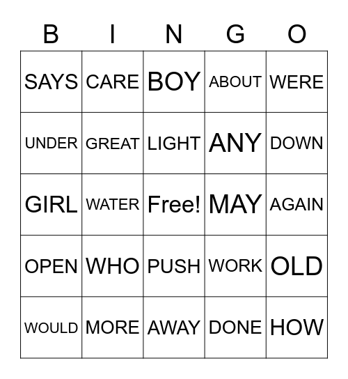 SIGHT WORDS Bingo Card
