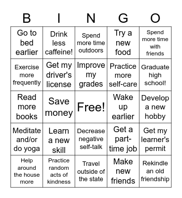 Vision Board Bingo Card