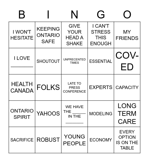 Doug Ford Announcement Bingo Card