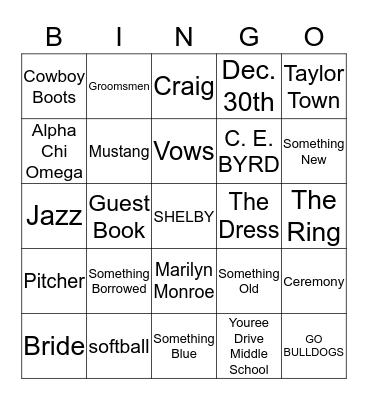 Shelbys Bridal Shower Bingo Card