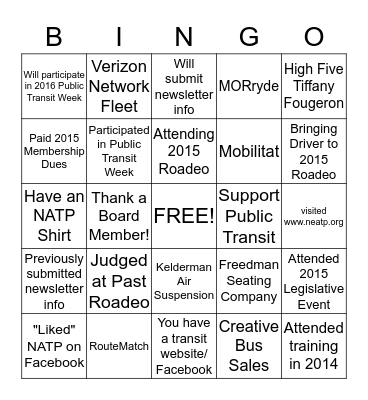 2015 NATP Managers Workshop Bingo Card