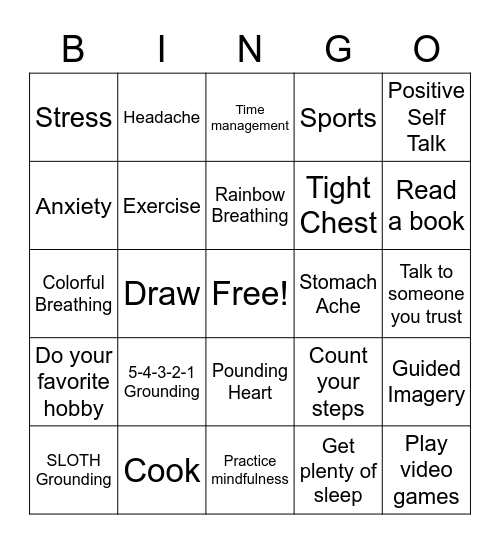 Stress and Anxiety Bingo Card