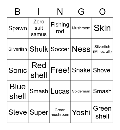 Video Games S and SH Bingo Card