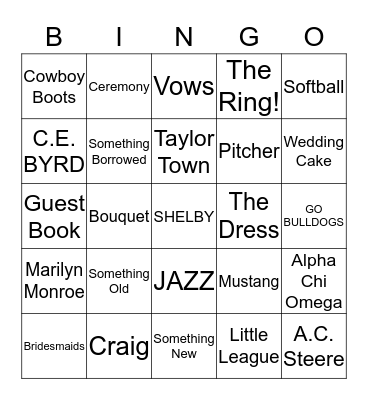 Shelby's Bridal Shower Bingo Card