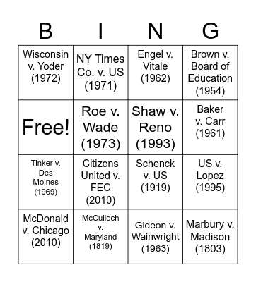 Required Supreme Court Cases Bingo Card