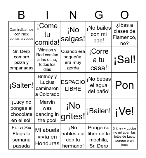 Day 5 MANDATOS y PRETERITO - IMPERFECTO Bingo Card