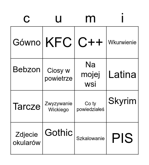 Bingo KFC Bingo Card