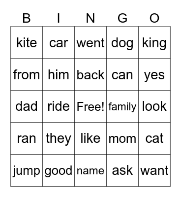 Sight Words Bingo Card