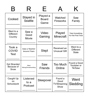 Winter Break Bingo Card