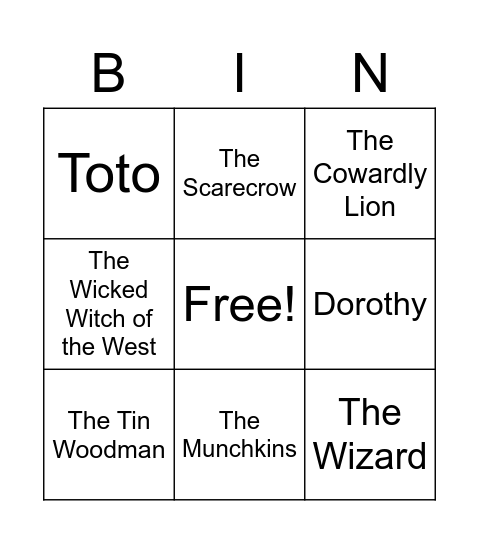 Wizard of Oz Bingo Card