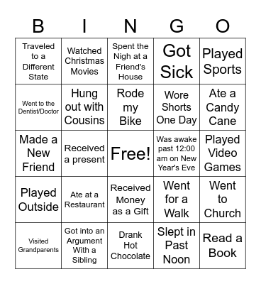 Back to School Winter Break Bingo Card