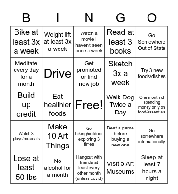 2022 Resolutions Bingo Card