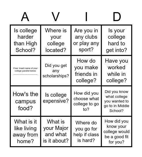 AVID College Panel Bingo Card