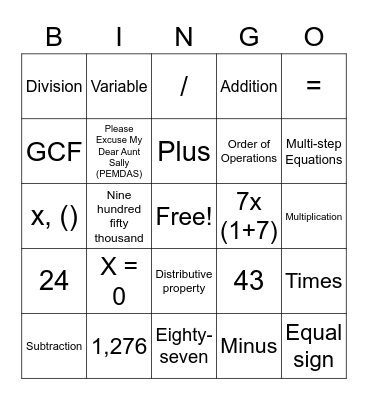 Algebra 1 Bingo Card
