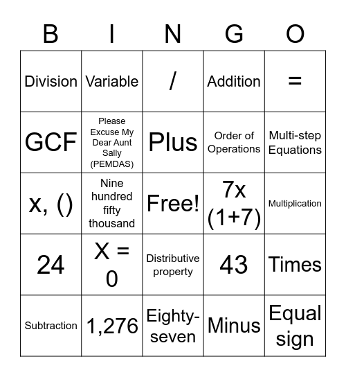 Algebra 1 Bingo Card