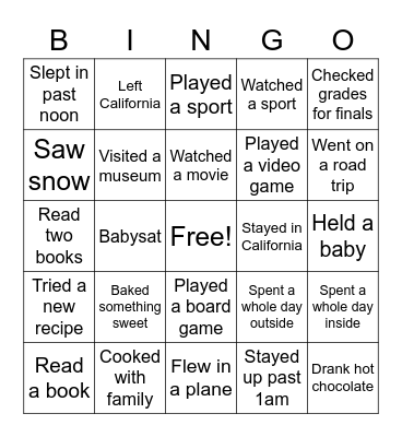 Winter Break Bingo Card