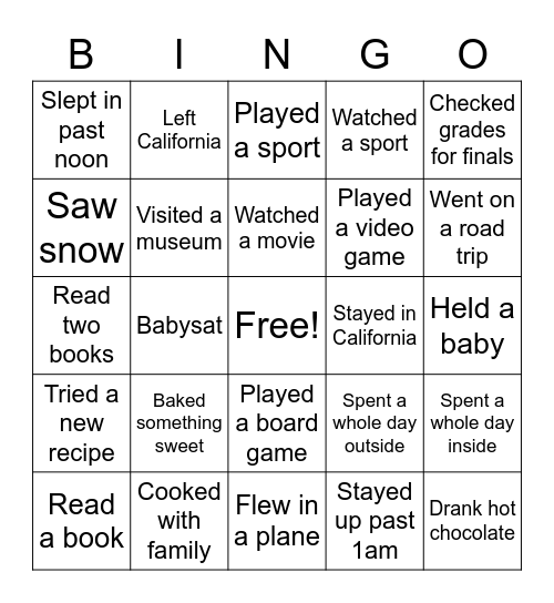 Winter Break Bingo Card