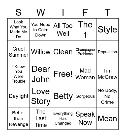 Taylor Swift Bingo Card