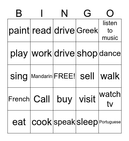 Everyday Activities Bingo Card