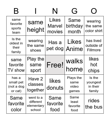 Friendship Bingo Card