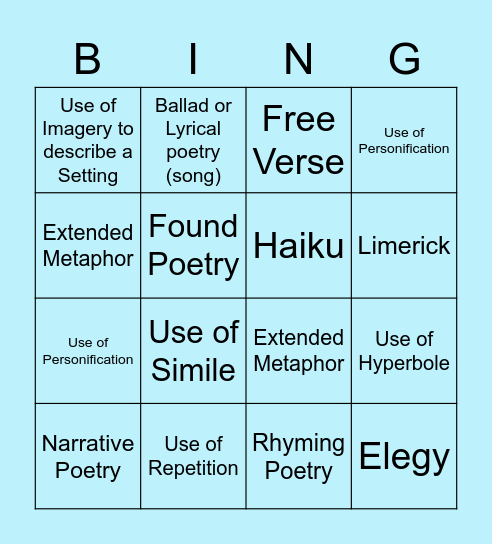 Poetry Bingo Card