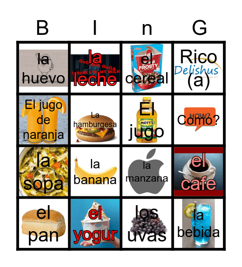 La comida Bingo Card