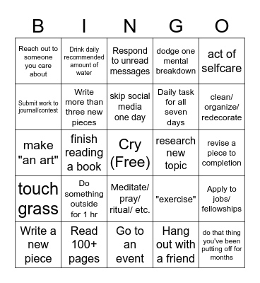 Depressed Writer Weekly Bingo Card