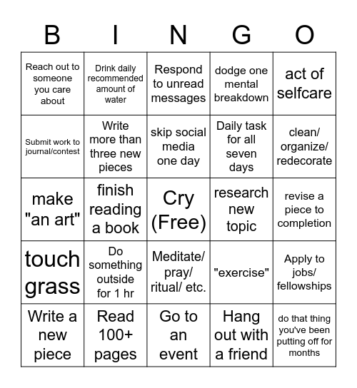 Depressed Writer Weekly Bingo Card