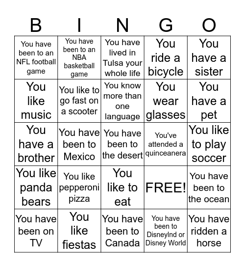 Explorers Bingo Card