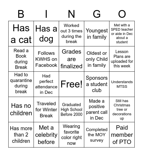 KWHS Bingo Card