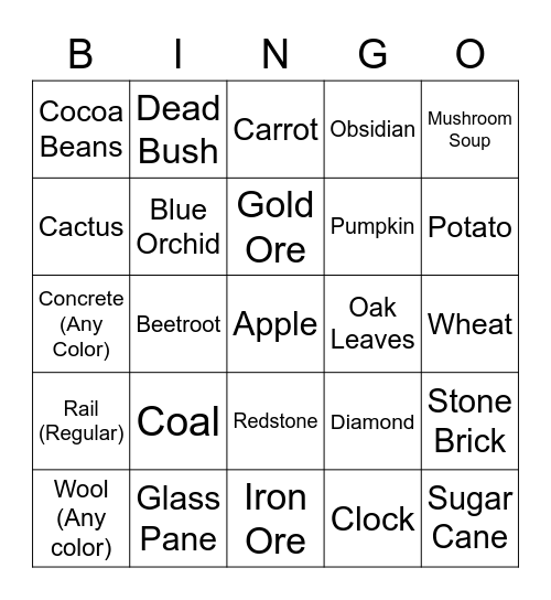 Minecraft Item Hunt Bingo Card