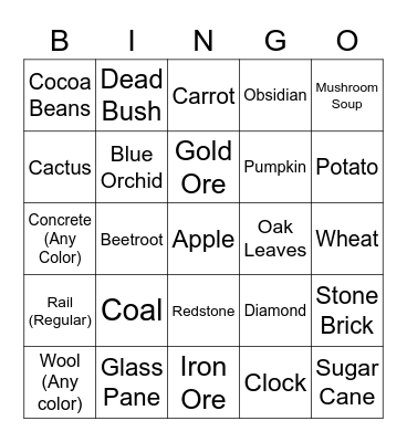 Minecraft Item Hunt Bingo Card