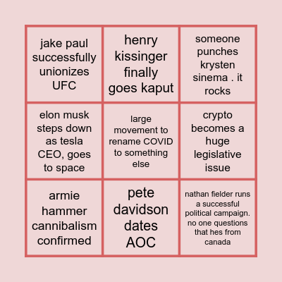 Izz’s 2022 Predictions Bingo Card