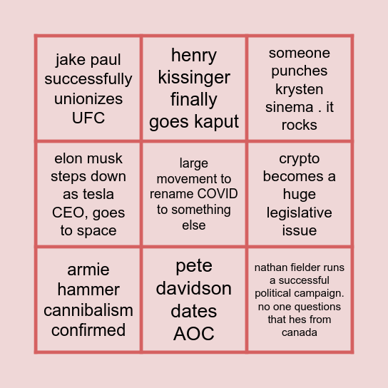 Izz’s 2022 Predictions Bingo Card
