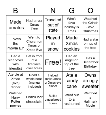 Christmas Break Bingo Card