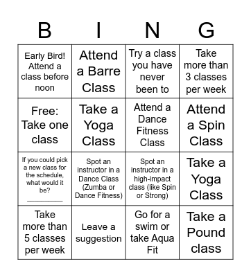 YMCA GROUP FITNESS BINGO Card
