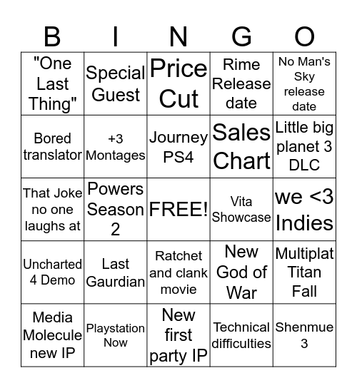 sony E3 Bingo Card