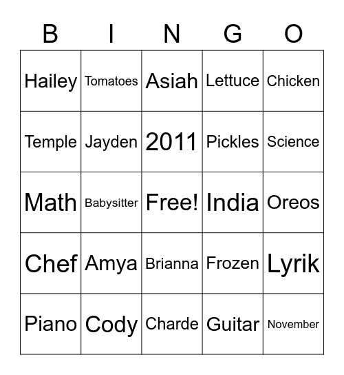 Jaylah's Bingo Card