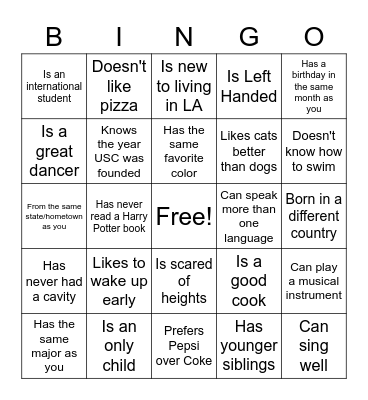 USC Welcome People BingoIs Bingo Card