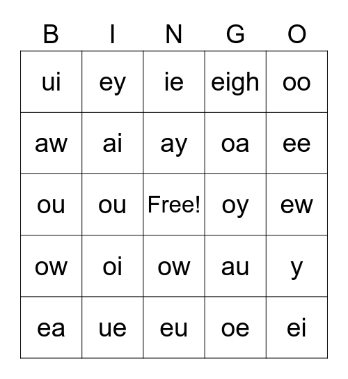 Vowel Team/ Double Vowel Bingo Card