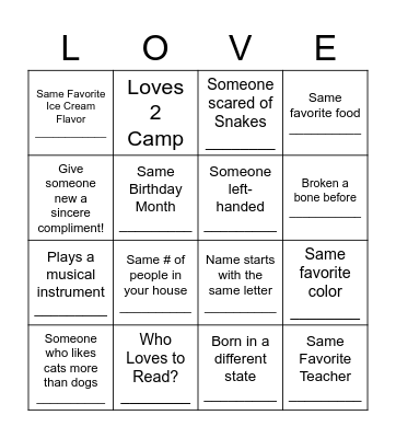 Find a FriendS Bingo Card