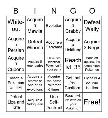 Pokemon Emerald Bingo Card