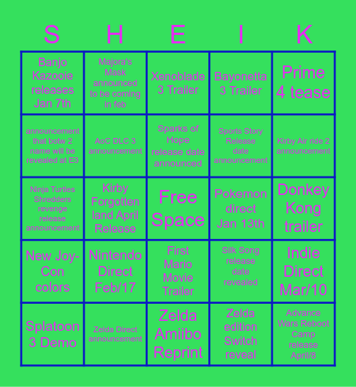 Nintendo 1st Quarter Bingo Card