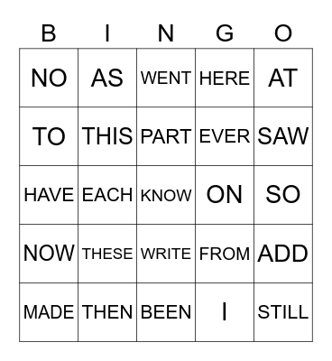SIGHT WORDS Bingo Card