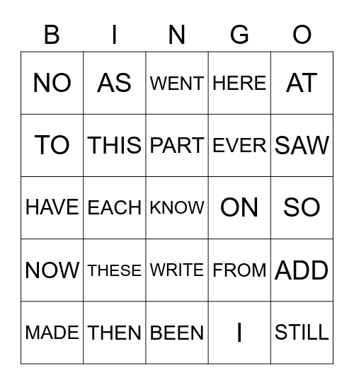 SIGHT WORDS Bingo Card