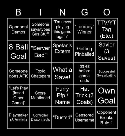 Rocket League Bingo Card