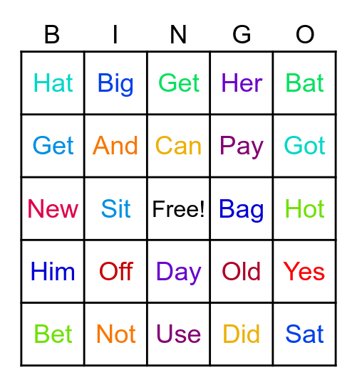 3 Letters Words Bingo Card