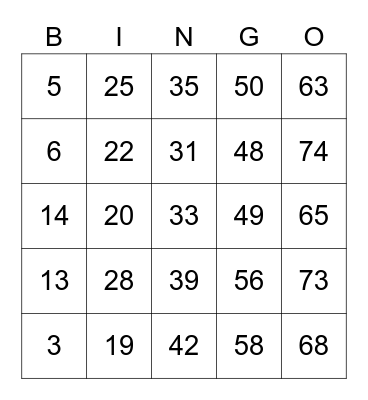 1-75 Bingo Card
