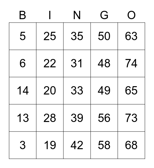 1-75 Bingo Card